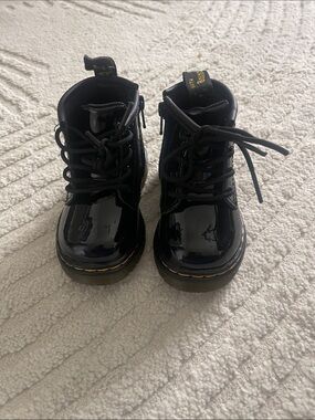 Dr. Martens Kids Black Patent Lace-Up Ankle Boots with Yellow Stitching